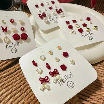 DAIIIBABYYY  -  Autumn Winter Wine Red Bow Flocked Fleece Stud Earrings Set Women Korean Fashion Heart Bow Floral Pearl Earring Jewelry